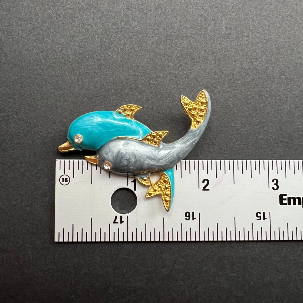 Vintage Dolphin Brooch Blue Gray Enamel Gold Tone Rhinestone Animal Pin